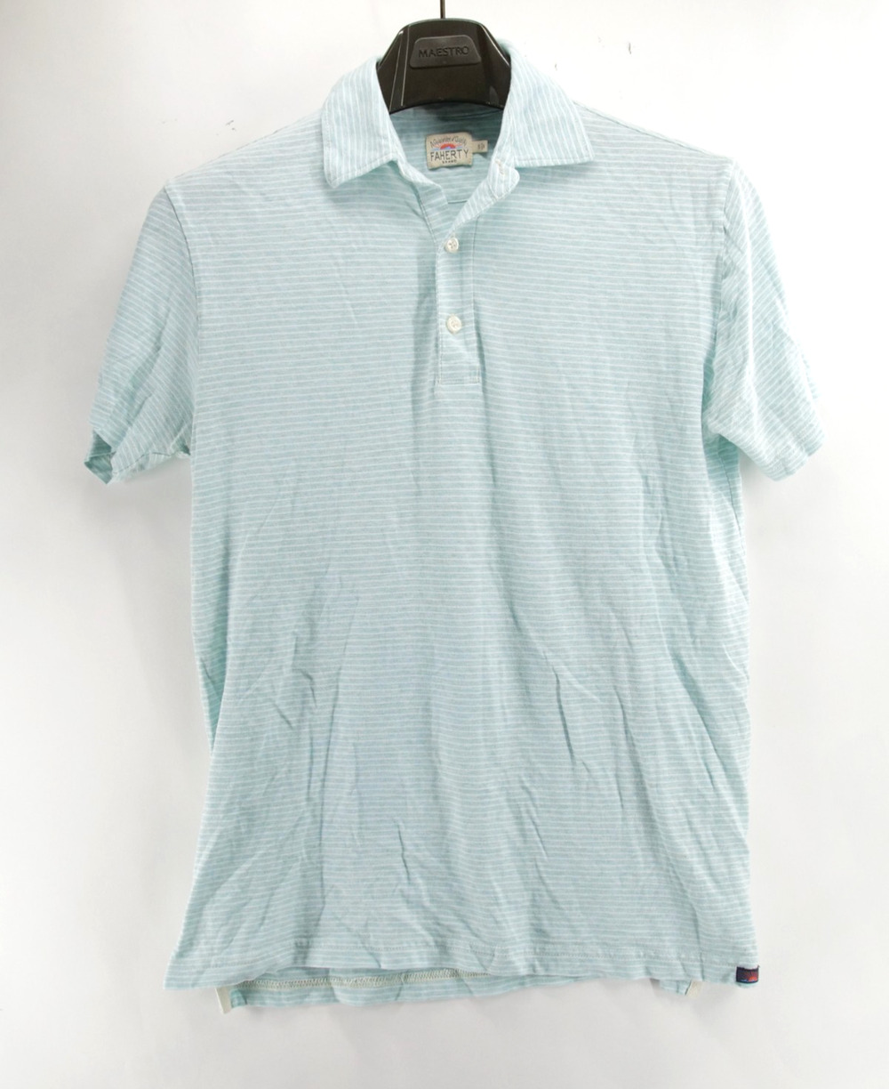 Faherty Mens Small Polo Shirt Short Sleeve Light Blue Stripes 100% Cotton